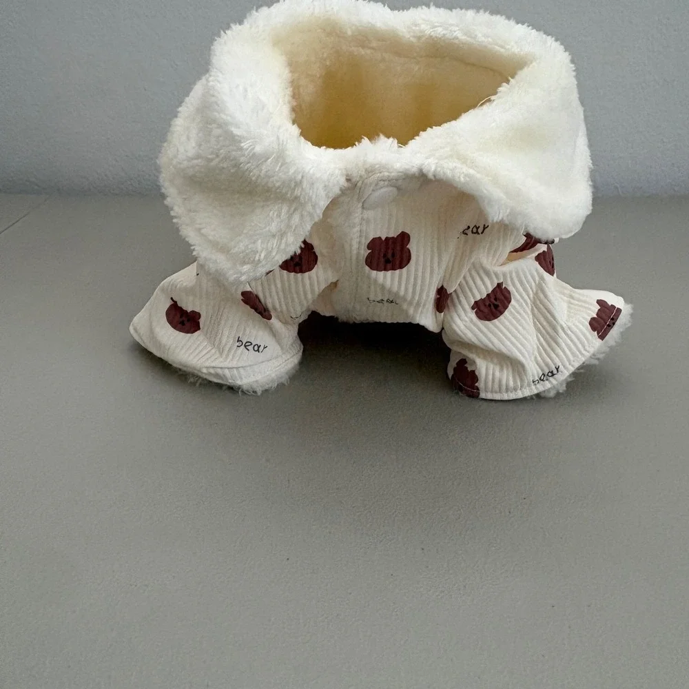 Cream Corduroy Bear Print Pet Jacket Faux Shearling Lined Snap Button Coat Sz 12